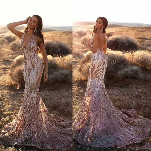 

arabic sparkly mermaid prom dresses deep v neck backless evening gowns gold appliques formal party runway fashion dress, Black