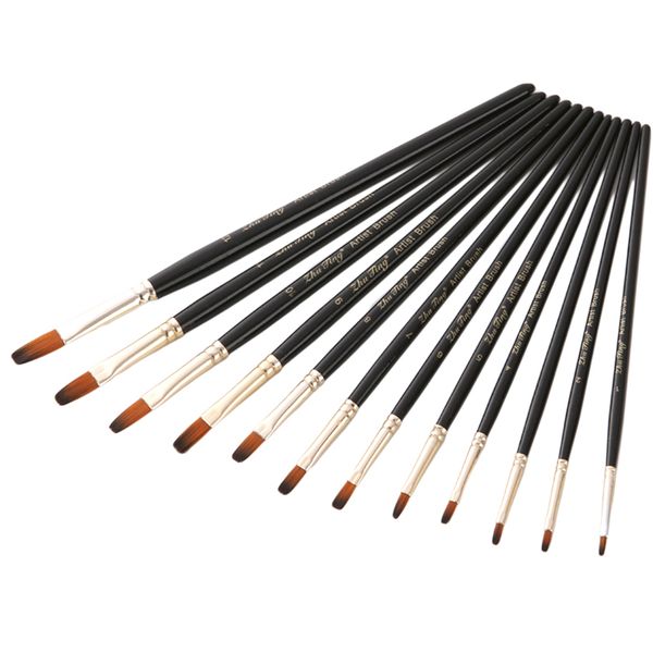 

12шт нейлон черных волос ручки акварель краска кисть остроконечный flat head paint brushes набор для акварельной живописи art supplies