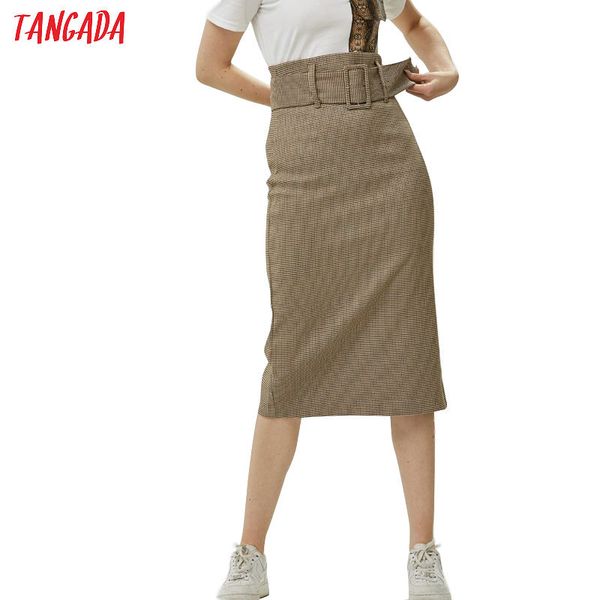 

tangada fashion women plaid skirt vintage work office ladies skirt with belt mujer retro mid calf skirts be175, Black