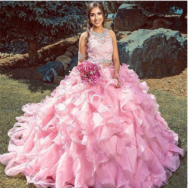 

cascading tier ruffles pink ball gown quinceanera dresses 2020 two pieces beads appliques sweet 16 vestidos de 15 anos masquarade prom gown, Blue;red