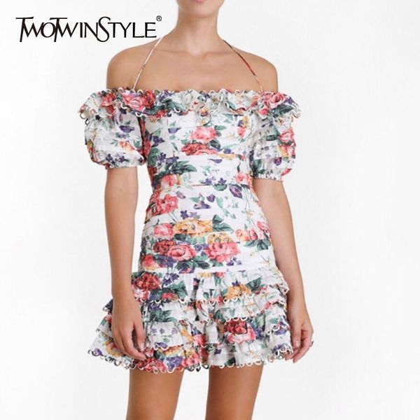 

twotwinstyle off shoulder print slash neck short sleeve high waist hollow out mini female dresses 2019 summer fashion, Black;gray