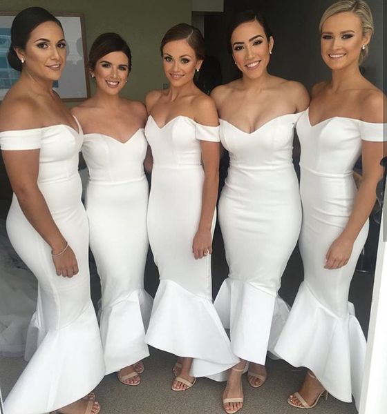 

elegant satin white long bodycon bridesmaid dresses plus size ankle length robes de soirÃ©e mermaid bridal party gowns for women, White;pink