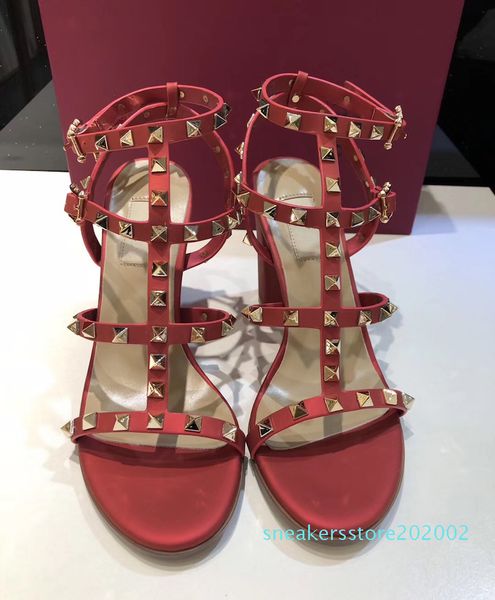 

женщины кожа шпильки сандалии т-ремень сандалии летние высокие каблуки заклепки обувь дамы сексуальная партия обувь 6.5 см 9.5 см 15 цветов, Black