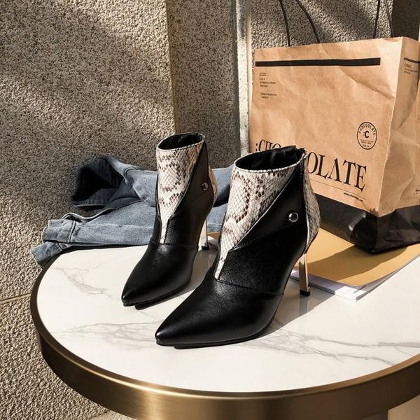 

winter boots artificial short plush pu high heel 9cm metal decorative snake pattern stitching ankle boots pointed zetmtc brand, Black