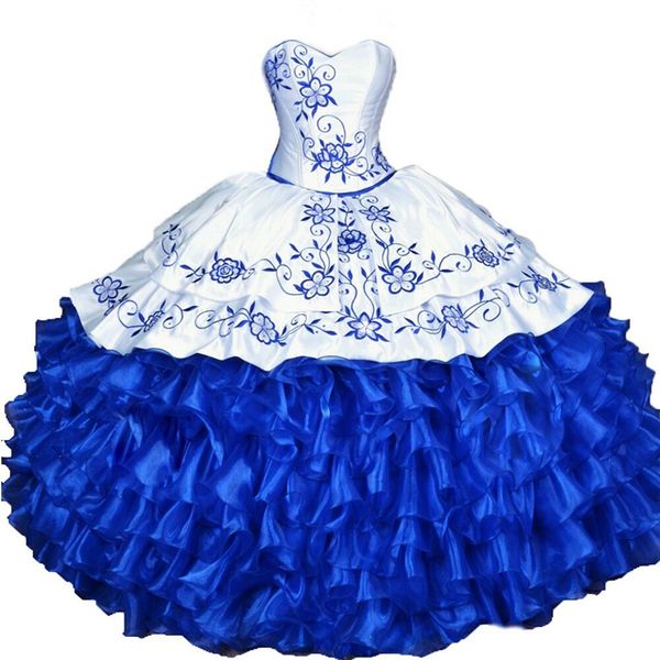 Royal Blue вышивка QuinceAnera платья пушистые органзы рюшачьего бальное платье формальное платье выпускного вечера Элегантное сладостное 16 платье Милая атласная юбки