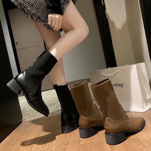 

shoes winter boots lady boots-women mid-calf booties women round toe low heels booties lace up luxury designer 2020 rubber 2019, Black