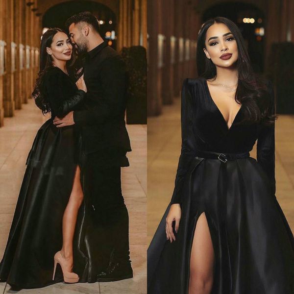 

saudi arabic black prom dresses 2019 v neck satin long sleeve vintage evening gowns formal red carpet dresses