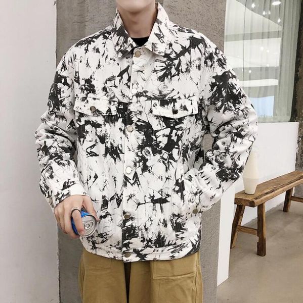 

2020 spring autumn denim jacket men loose plus size 3xl printed jeans jacket coat w538, Black;brown