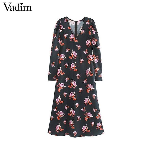 

vadim women elegant floral print maxi dress back zipper long sleeve v neck female casual straight chic dresses vestidos qd051, Black;pink