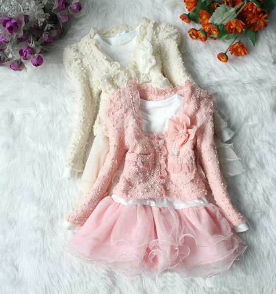 

2019 retail spring autumn girls twinset dress + coat jacket girls lace dress children clothes set baby clothiong ing, Blue;gray