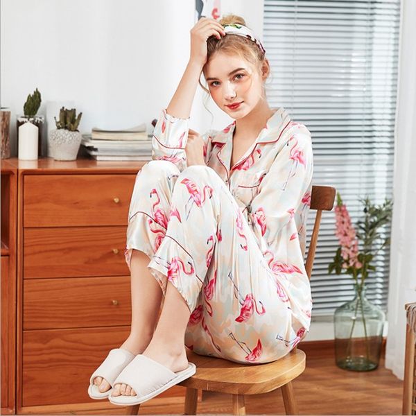 

yt- 086 silk flamingo sleepwear pajama sets for women long sleeve animal print silk pyjamas nightwear, Blue;gray