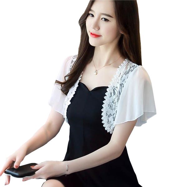 

women ladies fashion open front short-sleeve short shrug jacket cape, White;black