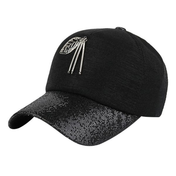 

women metal hollow leaf pendant shiny sequins snapback hip hop baseball cap, Blue;gray