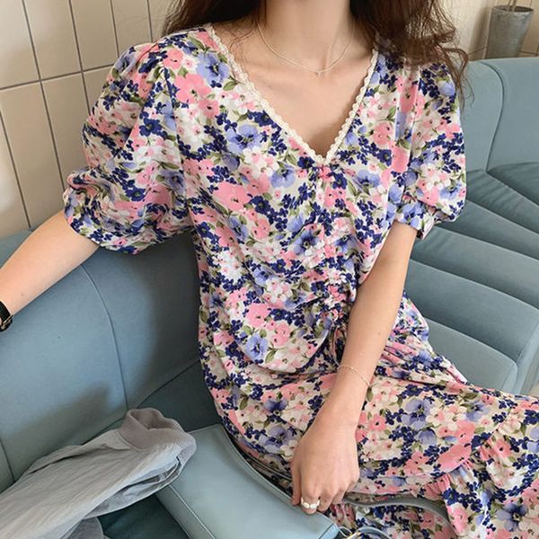 

ewq] 2020 summer vintage dress women elegant long robe floral lace v-neck pleated drawstring loose puff sleeve dresses qv71609, Black;gray