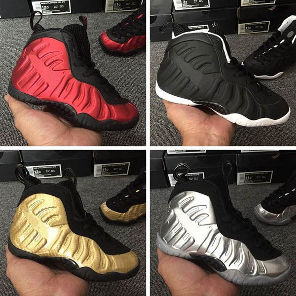 

with box kids foampositess pro basketball shoes for boys foams sneakers girls foam sneaker child trainers children penny hardaway chaussures, Black