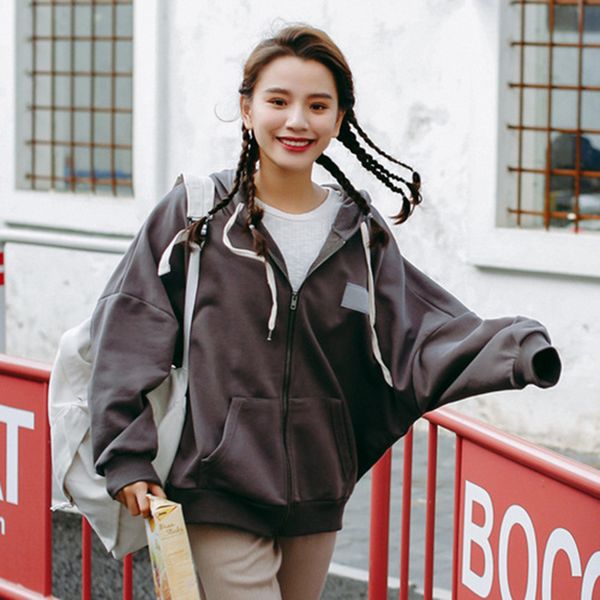 

2019 autumn winter korea fashion women hoodies loose batwing sleeve hooded coats cotton casual hoodie s228, Black