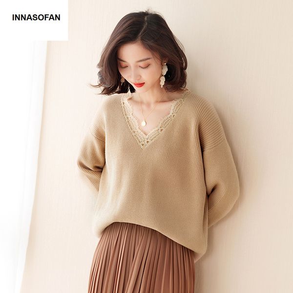 

innasofan loose-fitting sweater women autumn winter long-sleeved sweater euro-american fashion chic v-collar solid color, White;black
