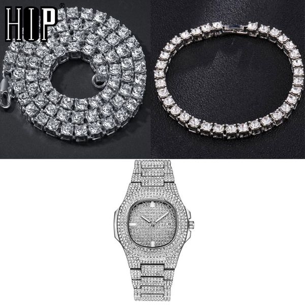 

hip hop мужские iced out ожерелье + часы + браслет rhinestone bling choker кристалл теннис цепи ожерелье ювелирные изделия для мужчин, Silver