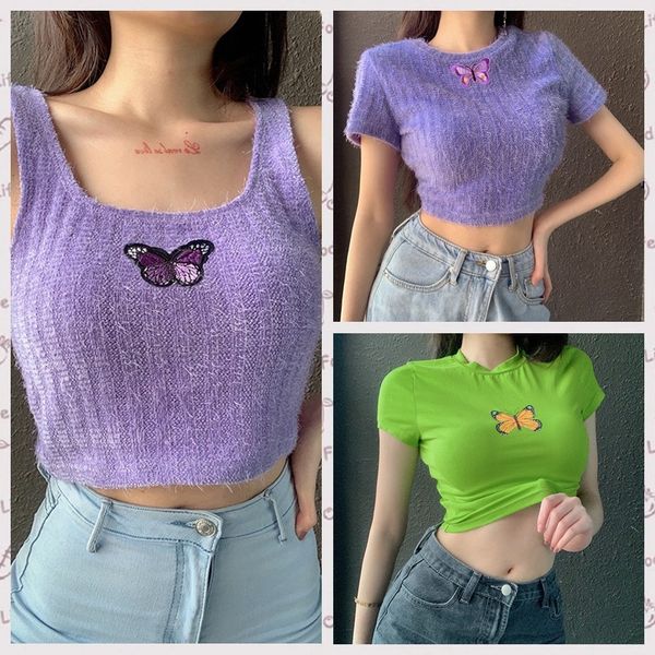 

ins fashion women's slim street navel short butterfly vest t-shirt 2020, White