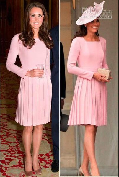 Bellissimo abito moderno di kate middleton in raso rosa al ginocchio con collo alto e abiti da sera convenzionali con abiti da ballo a maniche lunghe pieghettate