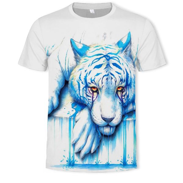

mens designer blue tiger 3d printed round collar t-shirt, White;black