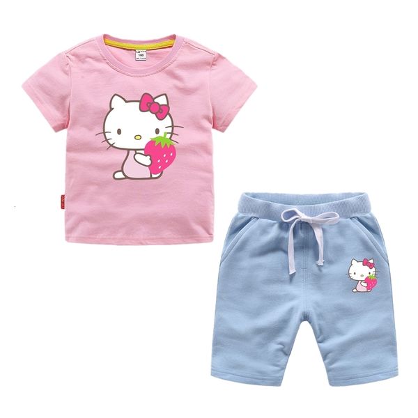 

girls baby hello kids kitty clothes sets summer cotton t-shirt + shorts toddler children clothing sport suit outfits tracksuit, White