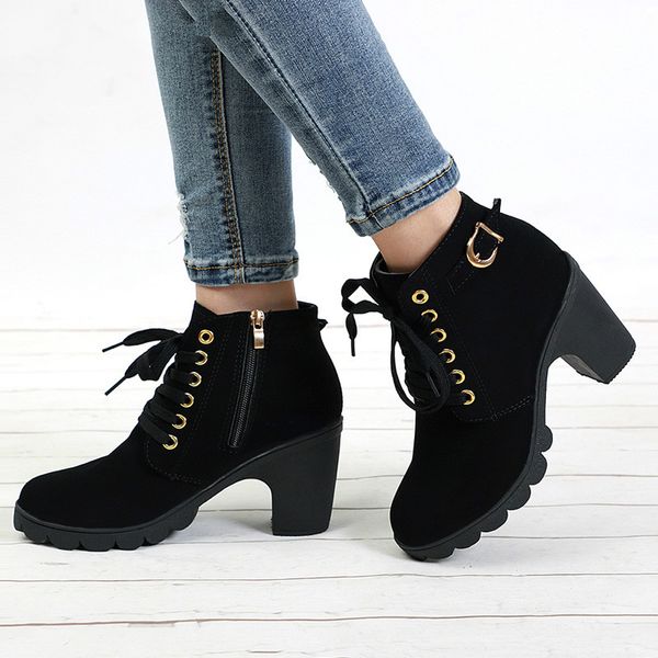 

lzj plus size ankle boots women platform high heels buckle shoes thick heel short boot ladies casual footwear drop shipping, Black