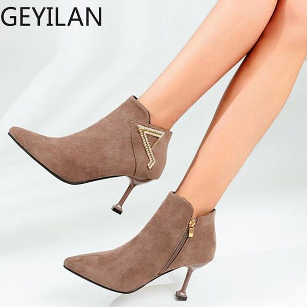 

autumn winter shoes women warm ankle pump zipper pointed toe flock thin heels crystal ankle boots for women 2019#g35, Black