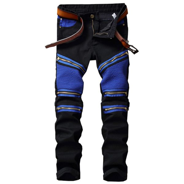 

New Men Jeans 2017 New Biker Slim Fit Pantchwork Fold Jeans Men Denim Luxury Blue Red Yellow Locomotive Zipper Male Pants