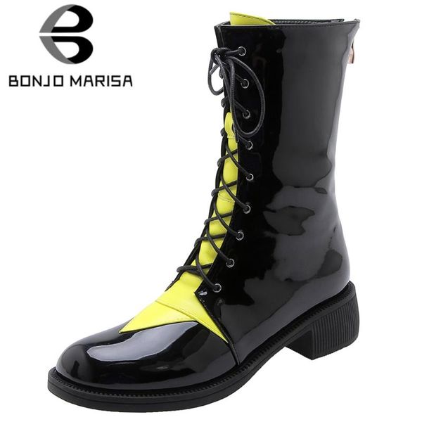 

bonjomarisa plus size 33-48 ladies fashion street fresh mixed-color boots cool lace-up mid-calf boots women med heel shoes woman, Black