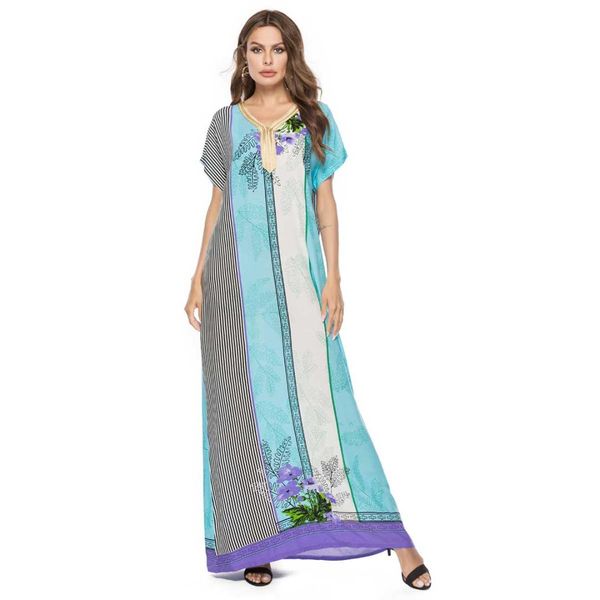 

2019 summer embroidery patchwork maxi bohemian dress short sleeve print muslim abaya arab islamic dubai robe plus size vkdr1554, Red