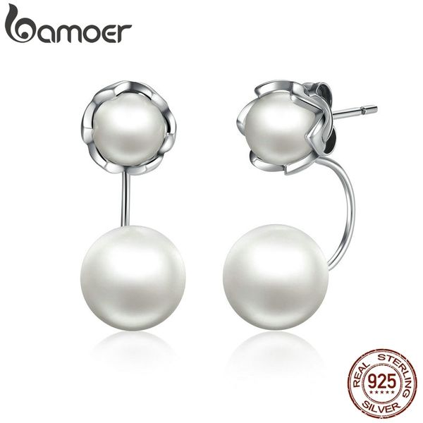 

bamoer new 100% authentic 925 sterling silver simulated pearls jewelry special style female drop earrings sce002