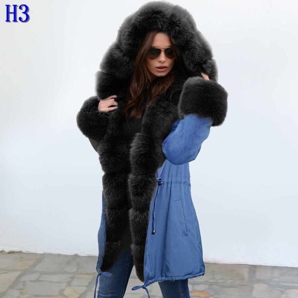 

fashion women designer coat jacket with fur luxury winter coats keep warm jackets long style outdoor wear coats womens clothing size s-2xlh3, Black
