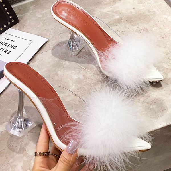 

2020 new yellow pvc transparent women crystal open toe high heels furry shoes woman perspex spike heel sandals mule mx200407, Black