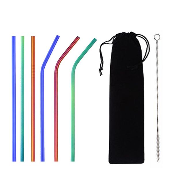 

stainless steel straw temperature induction color gradient straw drink fruit reusable rust-proof drink tube with cleaning brush