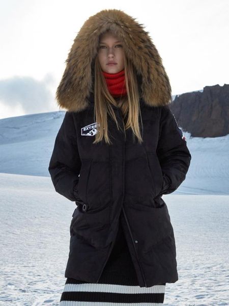 

bosideng 2019 new women down jacket 90% down coat real fur collar waterproof snowy chic parka with hood b90142036, Black