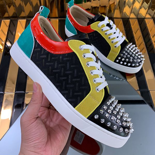 

высококлассные дизайнерские кроссовки мужчины и женщины заклепки кожа дышащая сетка тканая кожа мода красный низкая обувь любители партии ра, Black