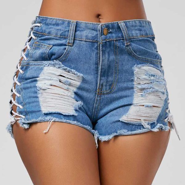 

women's jeans women denim shorts low waist ladies skinny cut off holes cross-tying, Blue