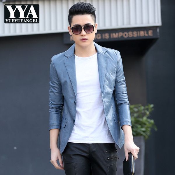 

spring autumn mens pu leather jackets fashion lapel man jacket blue black business formal office coat men faux leather outwear