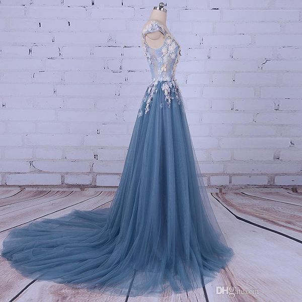 Vestido de festa de noite para mulher colher a linha decorado com flor tull azul vestido de baile para formatura 2019254s