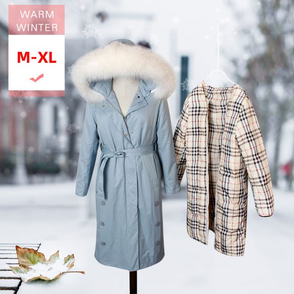 

m- new winter fashion real raccoon fur collar long thick warm down jacket female liner detachable windproof slim feather coat, Black
