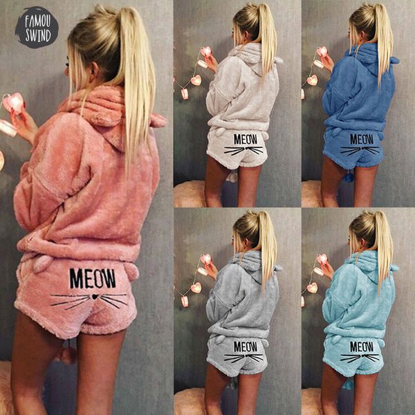 

women coral velvet pajamas set autumn winter hoodies pajamas two piece set sleepwear cute cat meow pattern warm shorts 5xl, Gray