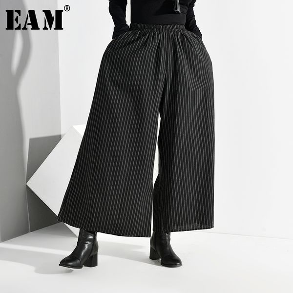 

eam] high elastic waist black long striped wide leg trousers new loose fit pants women fashion tide spring autumn 2020 sa9550, Black;white