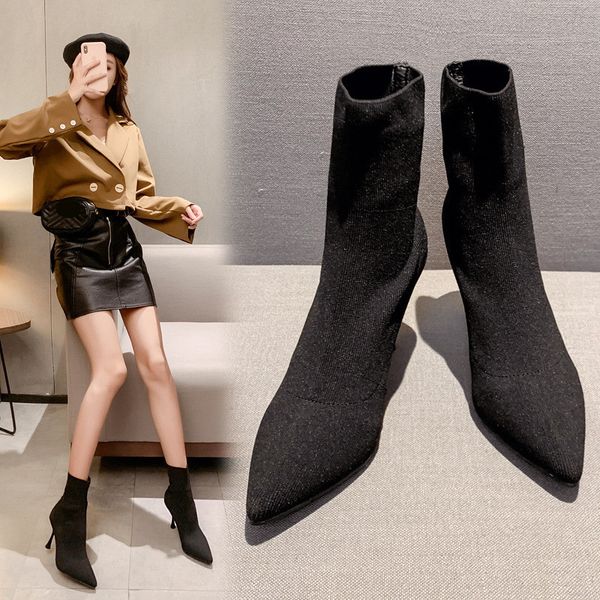 

lady boots shoes winter women lace up round toe low heels booties ladies stockings high heel pointy 2019 autumn ankle rubber, Black