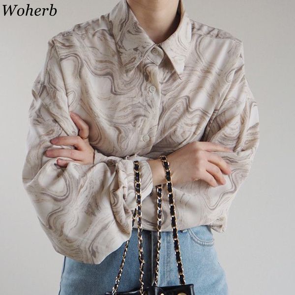 

woherb women vintage print blouse shirt 2020 spring summer long sleeve korean causal blusas fashion elegant clothing, White