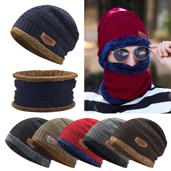 

hat+scarf 2-pieces/set men women winter beanie warm knit thick fleece lined caps, Black;white