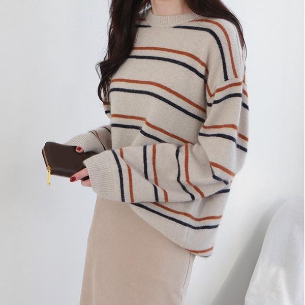 

women spring winter stripes print slim long-sleeved round collar loose bottom knit sweater off season, White;black