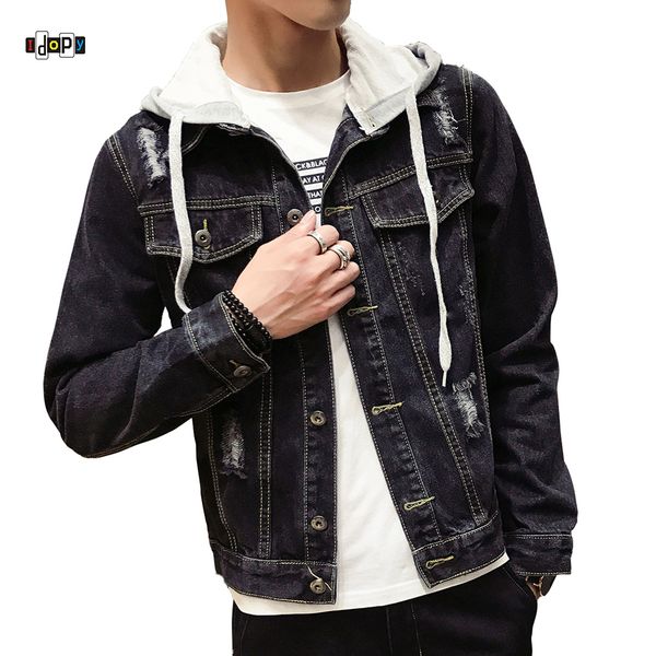 

idopy men`s hooded denim jacket ripped distressed destroyed washed black jean jacket and coat for male plus size m-5xl, Black;brown