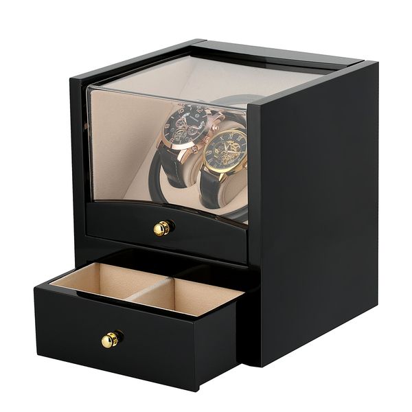 

us/uk/au/eu plug practical black leather box case rectangle mute automatic double watch winder dual watches storage box, Black;blue