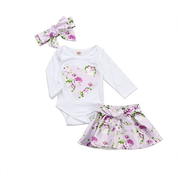 

Baby Clothing Newborn Baby Girl 3pcs Clothes Love Heart Romper Jumpsuit + Floral Skirt +Headband Outfit Set